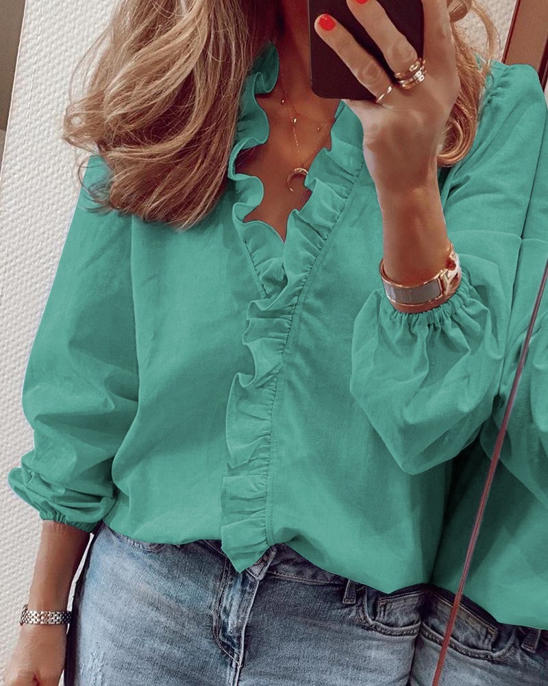 Spring Women's Blouse Lady tops women Solid Ruffle Female Shirt V-Neck Full Sleeve Casual Print shirts women clothing 210308