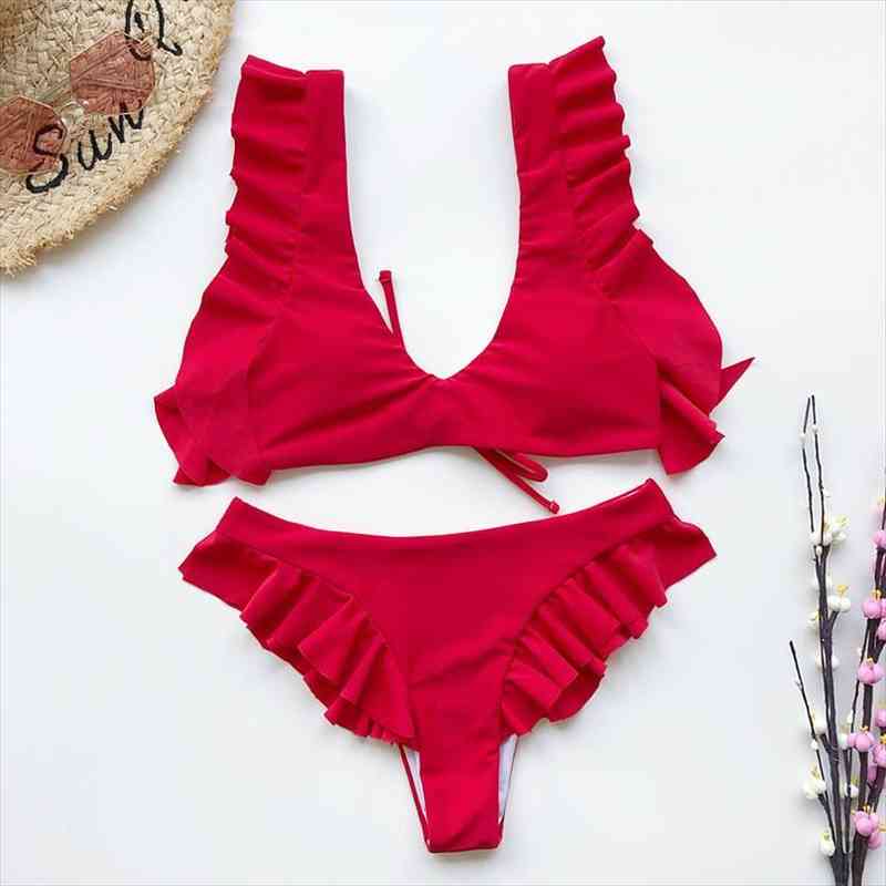women bikinis set solid red ruffled lace up bandage swimsuit beach bathing suit skirt swimwear maillot de bain femme, White;black
women bikinis set solid red ruffled lace up bandage swimsuit beach bathing suit skirt swimwear maillot de bain femme, White;black
