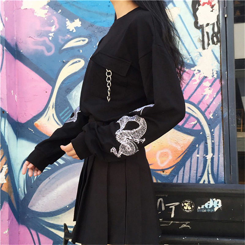 Black Embroidery Women's Sweatshirt Top Long Sleeve Chains Preppy O-neck Pullovers Tops Women Spring Fashion Woman Clothes 201212