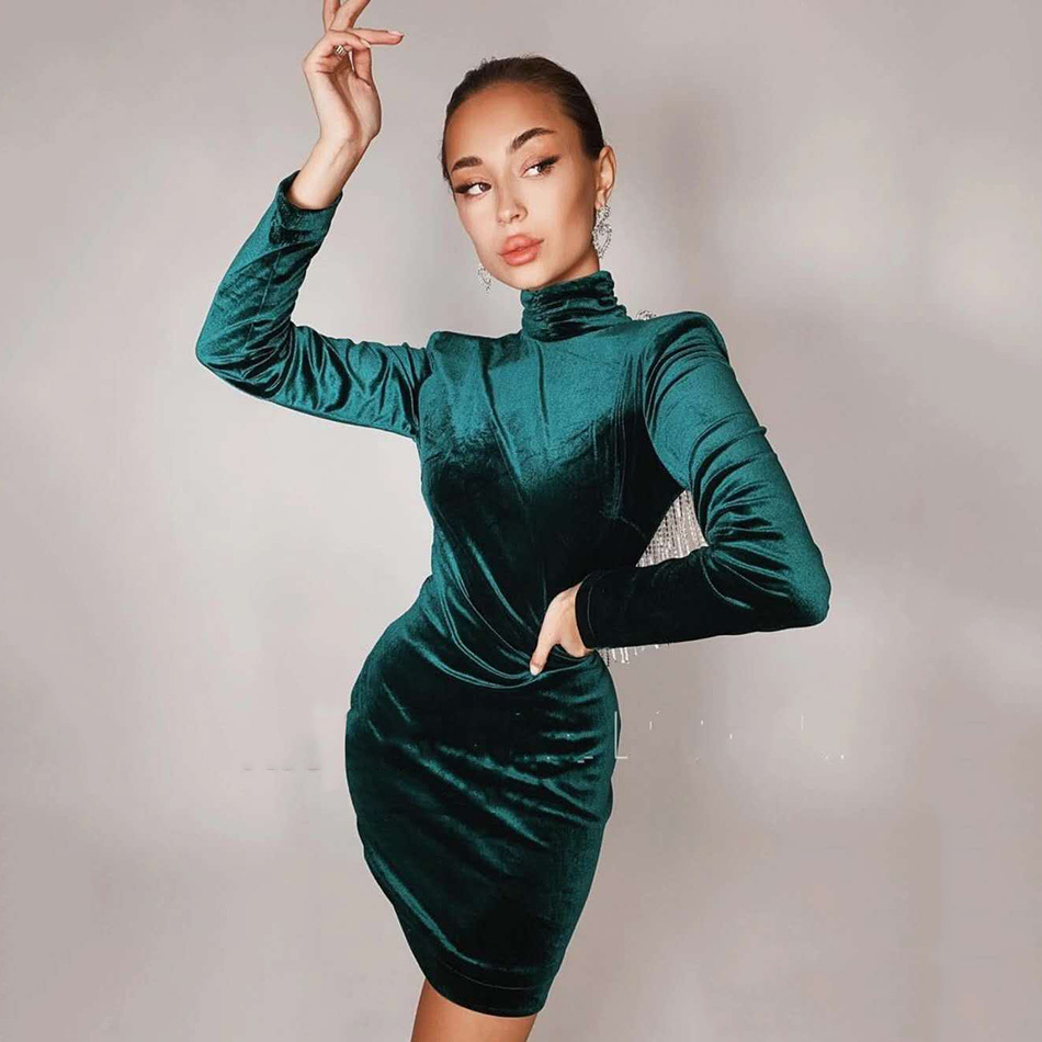 Summer Women'S Velvet Green Dress Open Back Sexy Tassel High Neck Tight Mini Celebrity Party Vestidos 210525