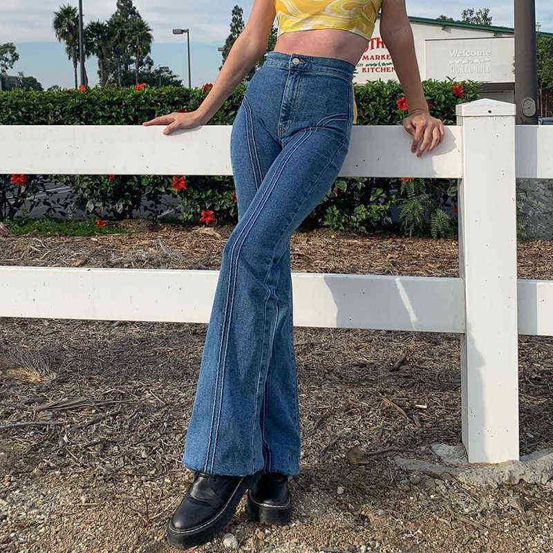 Streetwear Striped Blue Chic Flare Jeans For Girls Female Fashion Vintage Denim Pants Women High Waisted Trouser Capris 211112