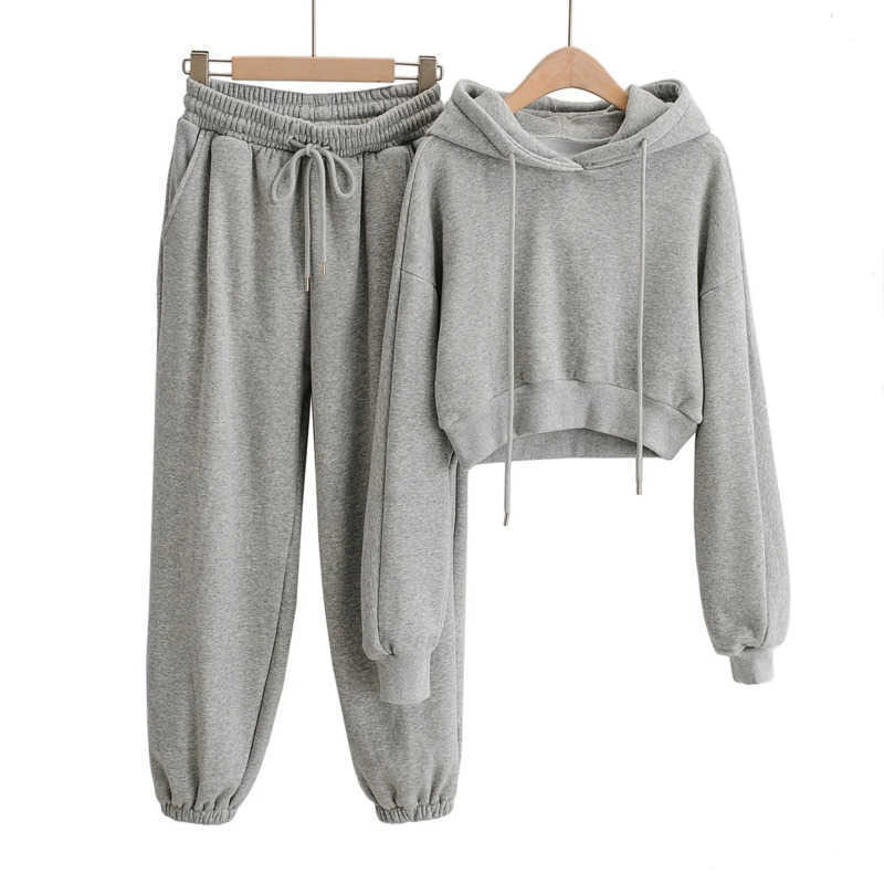 DEAT Spring Autumn Women Arrival Fashion Temperament Hooded Long Sleeve Plush Sweatshirt Pants Two Piece Set RD790 210709