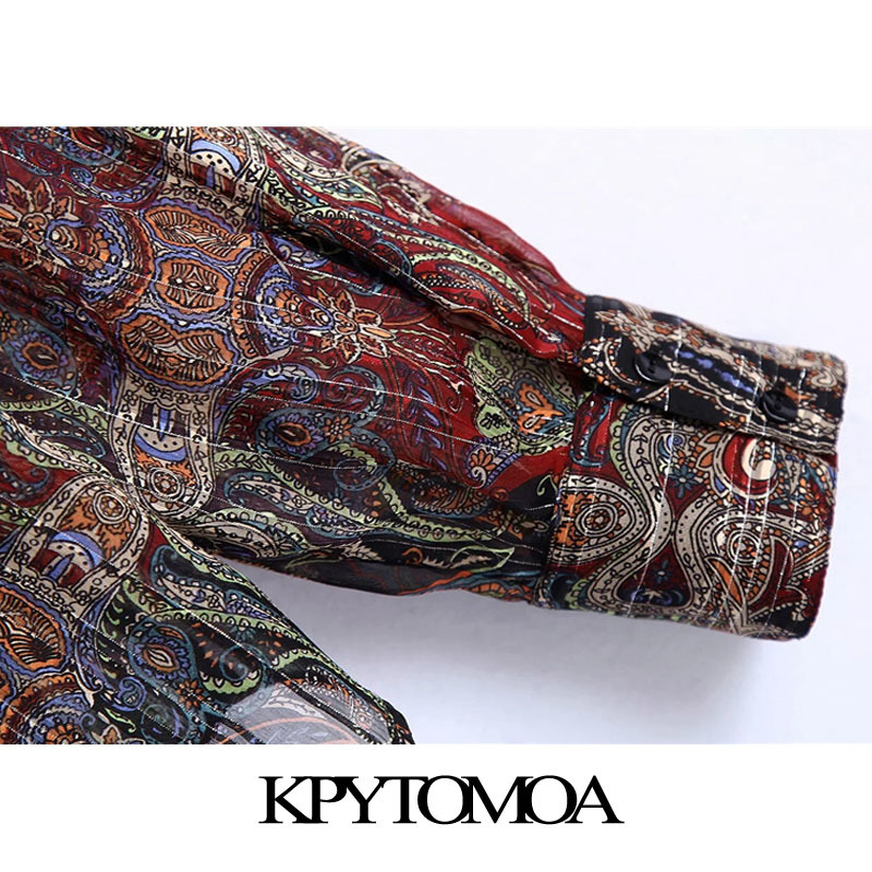 KPYTOMOA Women Fashion Semi-sheer Metallic Thread Printed Velvet Blouses Vintage Long Sleeve Studs Female Shirts Chic Tops 210225