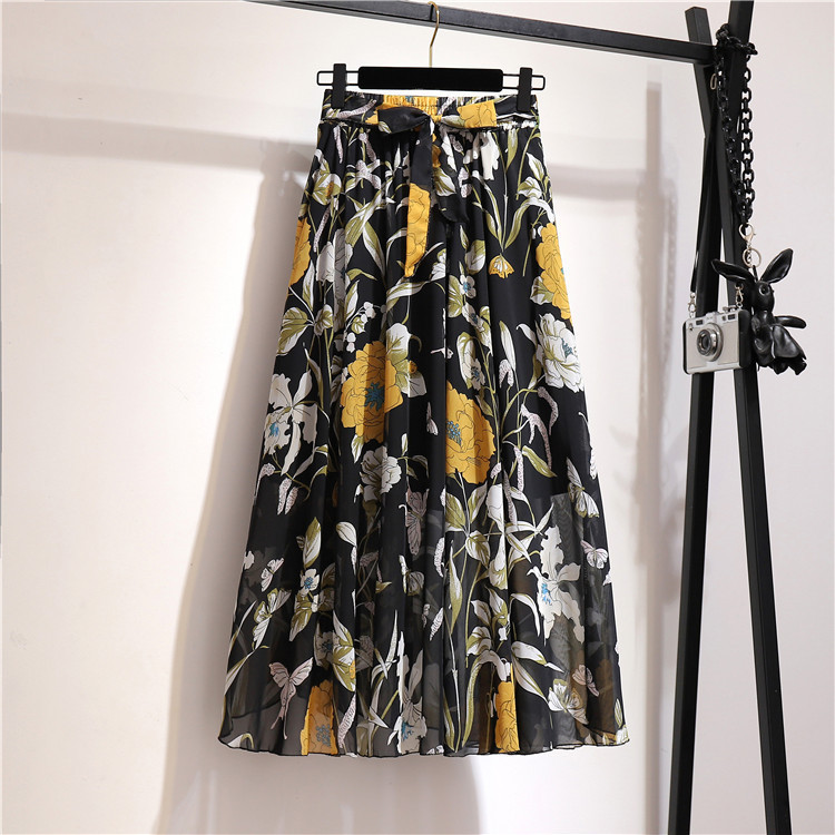 Summer Bohemian Chiffon Skirt Lady Korean Style Printing Sun School High waisted Elegant beach skirt Midi Skirt Female 210415