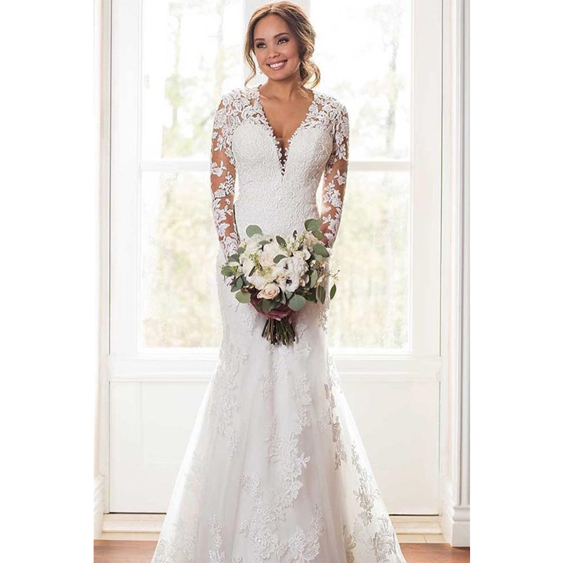 Graceful Long Sleeve Lace Mermaid Wedding Dresses Appliques V Neck Ivory Bridal Gowns Sweep Train Back Zipper Spring Country bride Wedding Dress 2022
