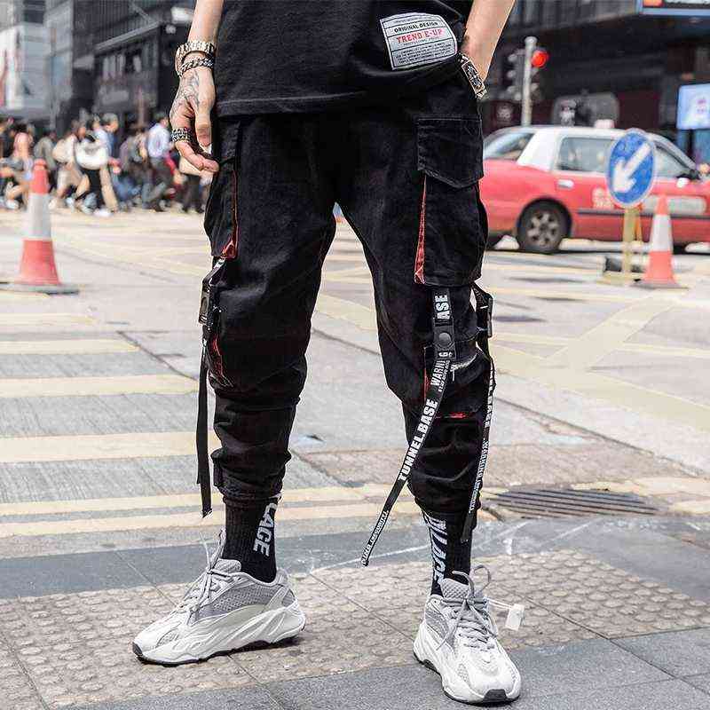 Joggers Cargo Pants for Men Casual Hip Hop Hit Color Pocket Male Trousers Sweatpants Streetwear Ribbons Techwear Pants 211112