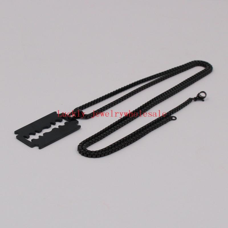Plated Black Men's Punk Hip-Hop Stainless Steel Razor Blade Dog Necklace Pendant with 24'' Box Chain Barber Jewelry