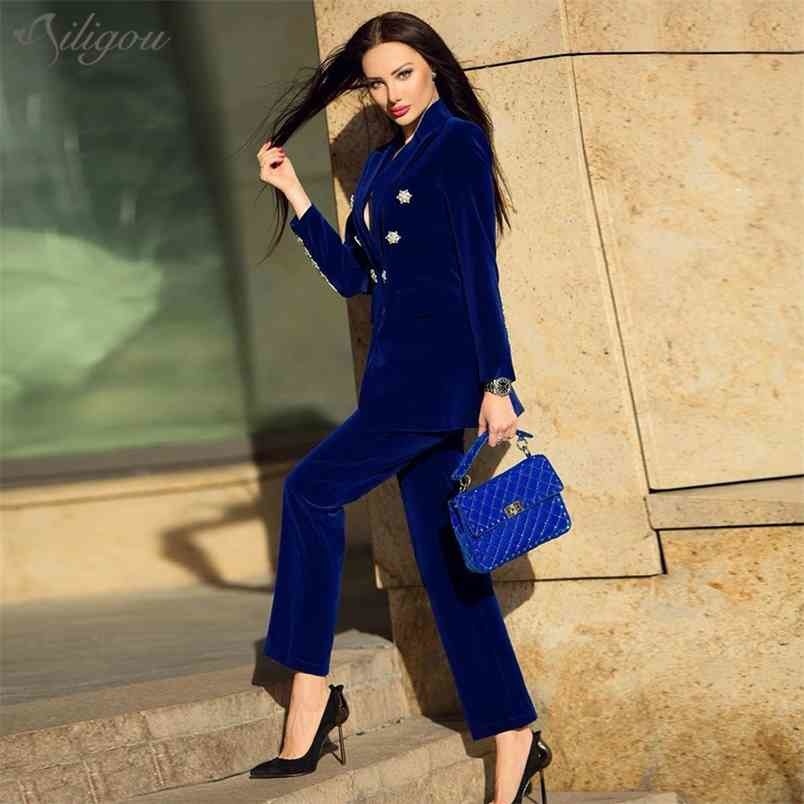 Aummer Women' Two-Piece Dark Blue Velvet Crystal Diamond Buckle Long-Sleeved Jacket + Pants Set 210525, Navy blue
Aummer Women' Two-Piece Dark Blue Velvet Crystal Diamond Buckle Long-Sleeved Jacket + Pants Set 210525, Navy blue