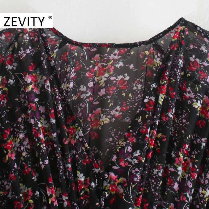 Zevity Women Elegant V Neck Flower Print Elastic Waist Chiffon Dress Chic Female Long Sleeve Casual Slim A Line Vestido DS4616 210603