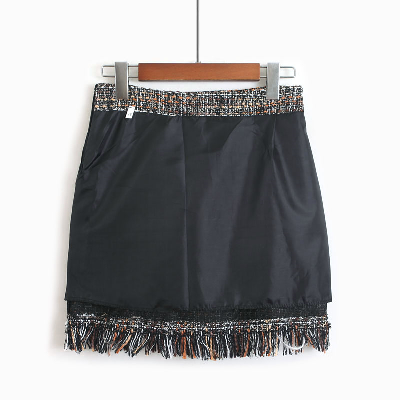 New Autumn Winter Women Woolen Mini Skirt In A Cage Vintage Plaid Tassel Package Hip Skater High Waist Lady Skirt SK5583 210306