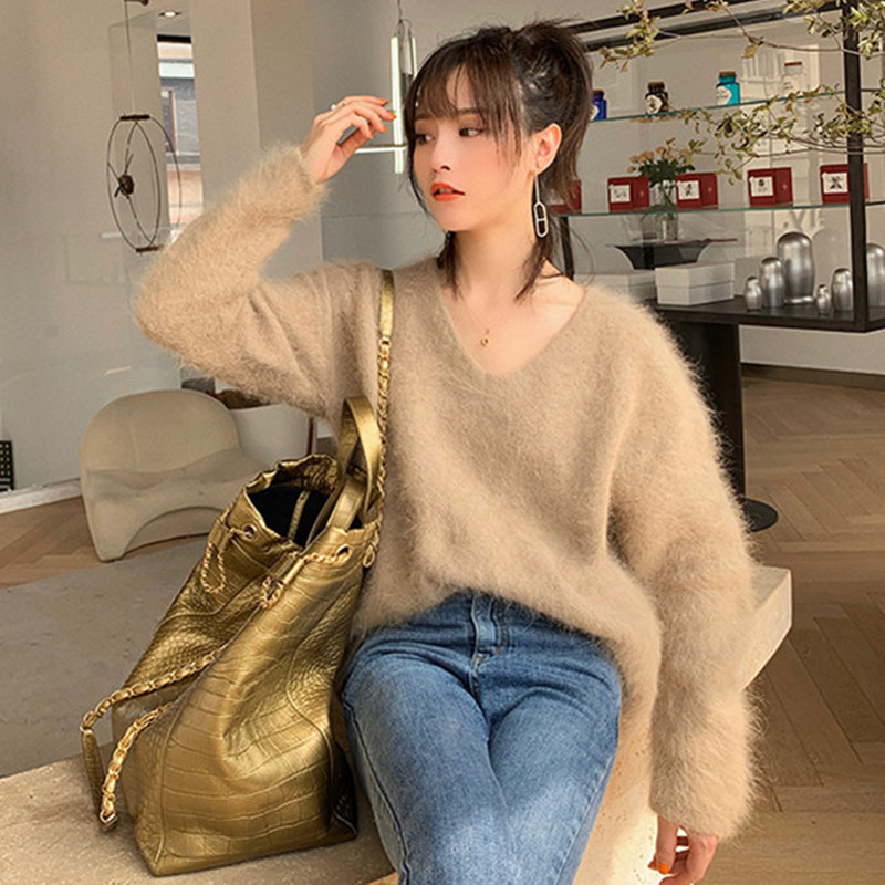 Women Ladies Sweaters and Pullovers Pure 100% Mink Cashmere Knitted Pullover Angora Fluffy JNS002 201031