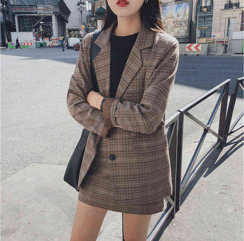 Mozuleva Retro Plaid Blazer Set Single-breasted Jacket & Pencil Skirt 2 Pieces Skirt Suit Female Office Ladies Blazer Suit 211101
