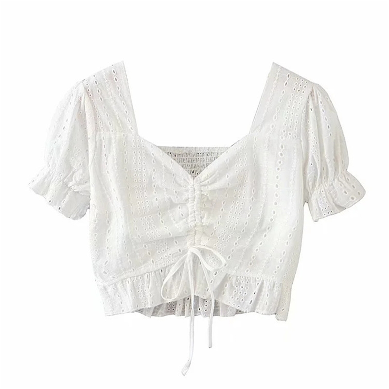 Summer New Fashion Women Blouses French Retro Lace Tops Drawstring Short Exposed Off Shoulder Top White Blouse T200608