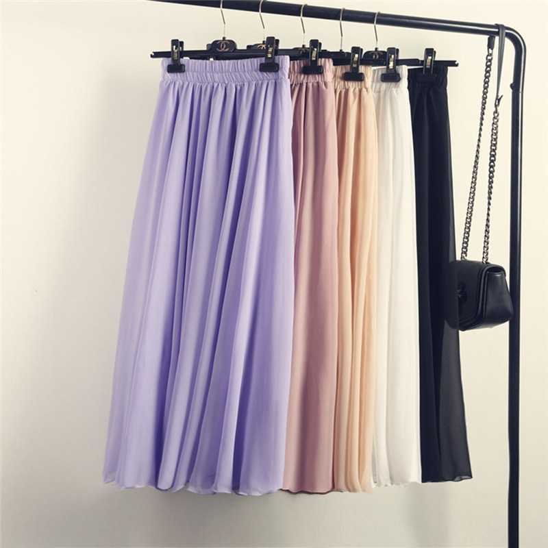 Womens Boho Style 3 Layer Chiffon Long Skirt Female Elegant High Waist Non-transparent Beach Maxi Skirts Saia Spring SK121 210621