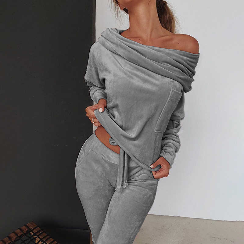 Sweatshirt Women 2 pieces Set Tracksuit Autumn One shoulder Sweatshirt Pants Sets Sport Wear Tracksuit Velvet Lounge Suit 210709