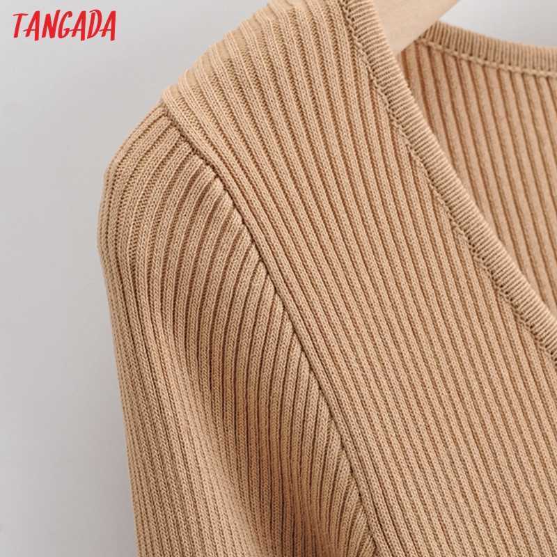 Tangada fashion women solid elegant v neck sweater dress long sleeve ladies side open midi dress 4P20 210630