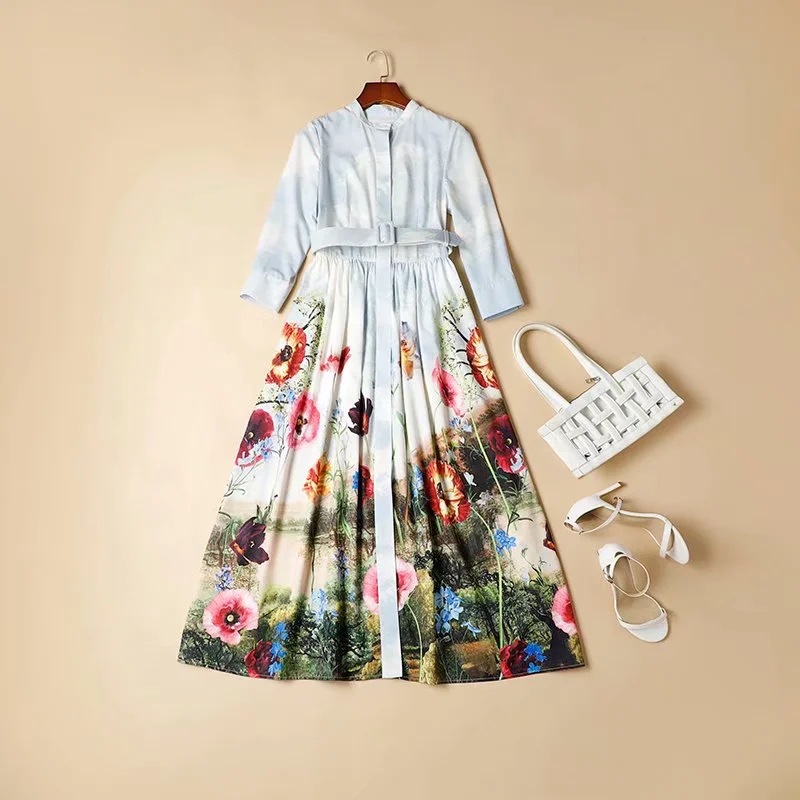 Women's Runway Dresses O Neck 3/4 Sleeves Printed Fashion Autumn Mid Calf Dress Vestidos