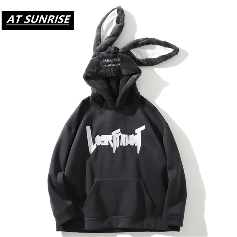 Amusing Rabbit ears Hip Hop Fleece Hoodies Men/Women Casual Hooded Streetwear Sweatshirts Hip Hop Harajuku Male Tops 201103