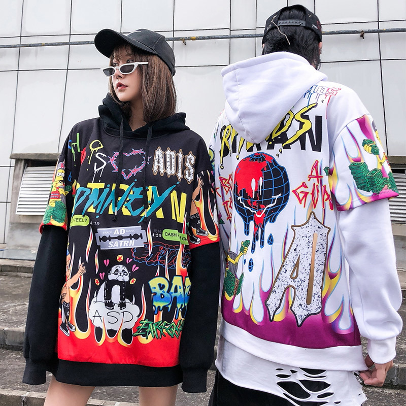 Aolamegs Hoodies Men Hip Hop Letter Print Men Pullover Cartoon Oversize Style Hooded Sweatshirt Lover High Street Streetwear 201127
