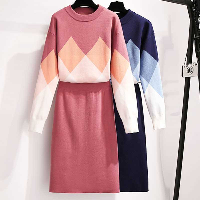 Yedinas O-Neck Pullover Sweater 2 Piece Sets Womens Outfits Two Set Skirt Elastic Waist Knitted Jumper Autumn Winter 210527