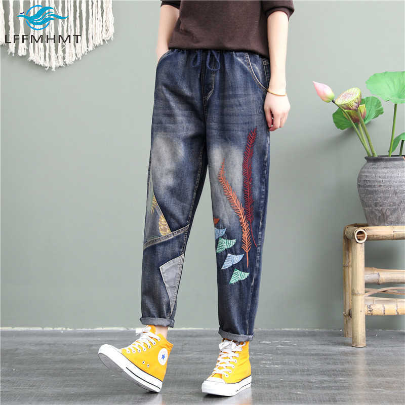 Women Spring Autumn Fashion Loose Casual Denim Jeans Office Lady Elastic Waist Embroidered Harem Pants Female Baggy Trouser H0908