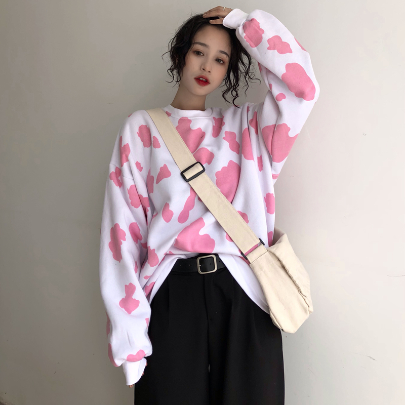 kawaii Korean Women's Clothing spring autumn oversize pullovers Dairy cow print women sweatshirt fashion vestidos femininos new T200311