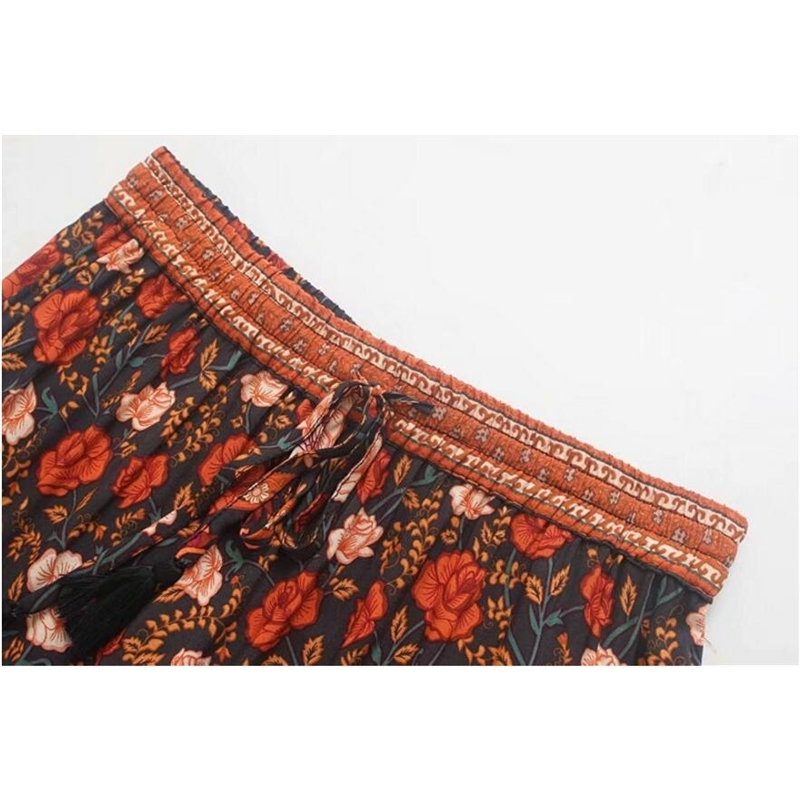 Bohemian Stream Flower Print Long Skirt Stitching Ruched Ruffle Hem Holiday Women Lacing up Stream Waist Swing Skirts Beach 210306