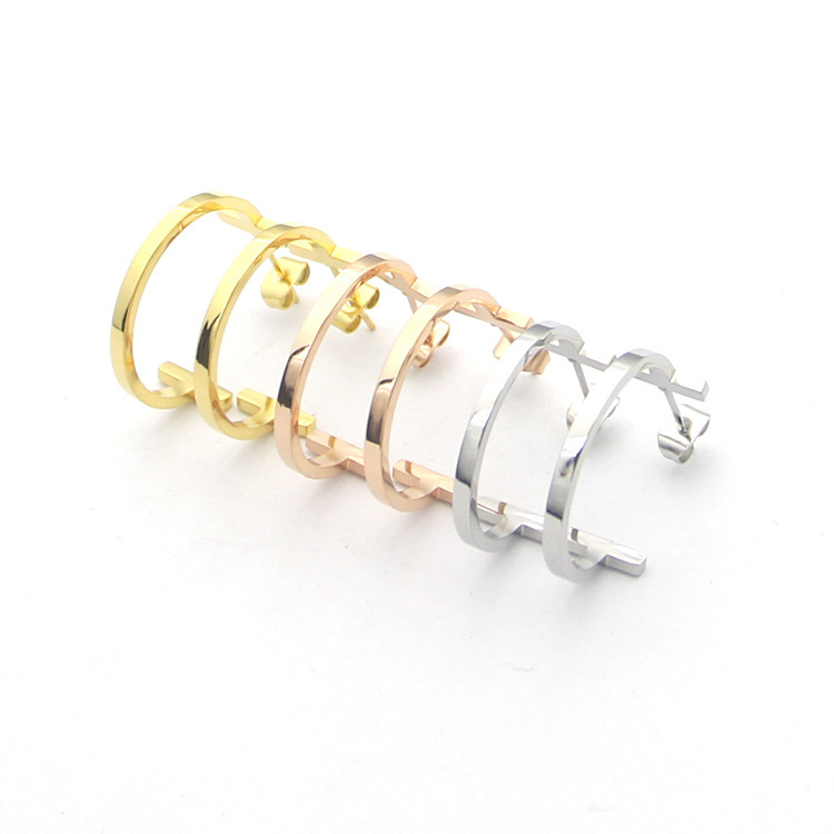 fashion Stainless Steel Double rose gold silver T Earrings Women's C Shape Earrings