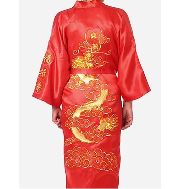 Men's Sleepwear Navy Blue Robe Bathrobe Men Chinese Satin Silk Embroidery Kimono Bath Gown Dragon Yukata