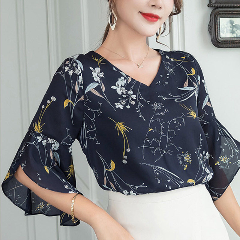 RibbonFish Women Summer Style Flower Printed Blouses Shirts Lady Casual Short Flare Sleeve Bow Tie V-Neck Blusas DD1504 210225