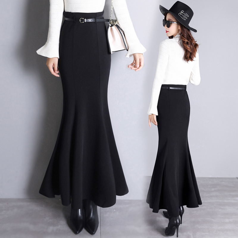 Spring Women Skirt Ruffles Slim High Waist Long Package Buttocks Tail Skirts Red Black 1890 210309