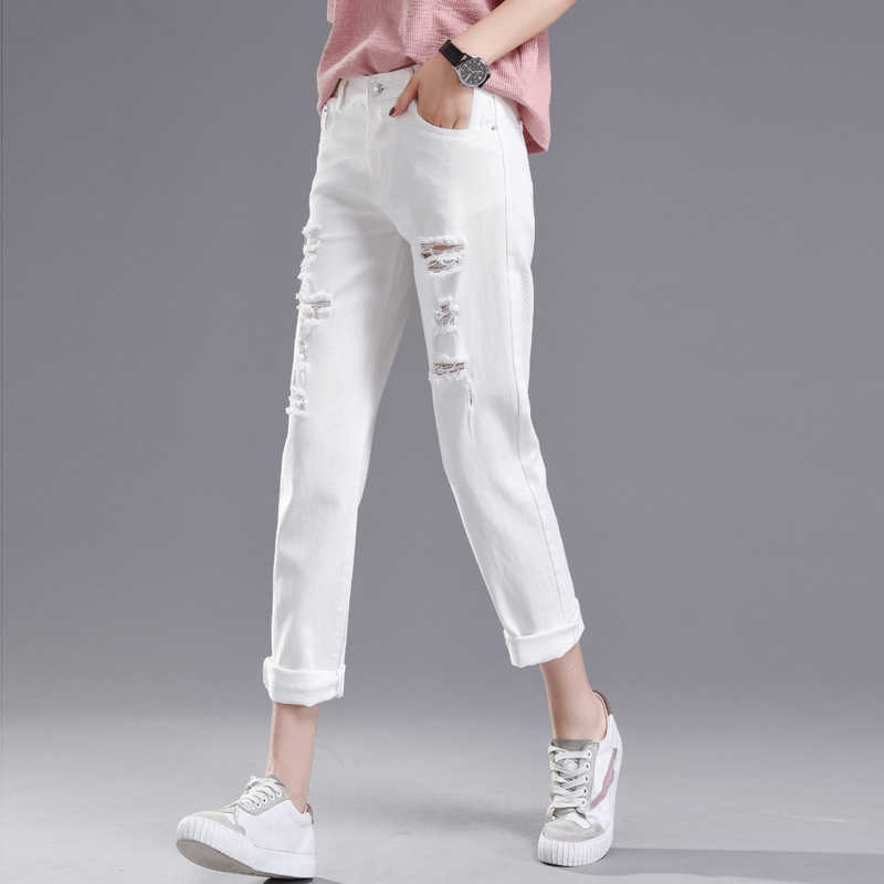 Ripped Jeans For Women Black Mom High Waist Ankle Crop Vintage Baggy Denim Pants Loose Korean Green 210809