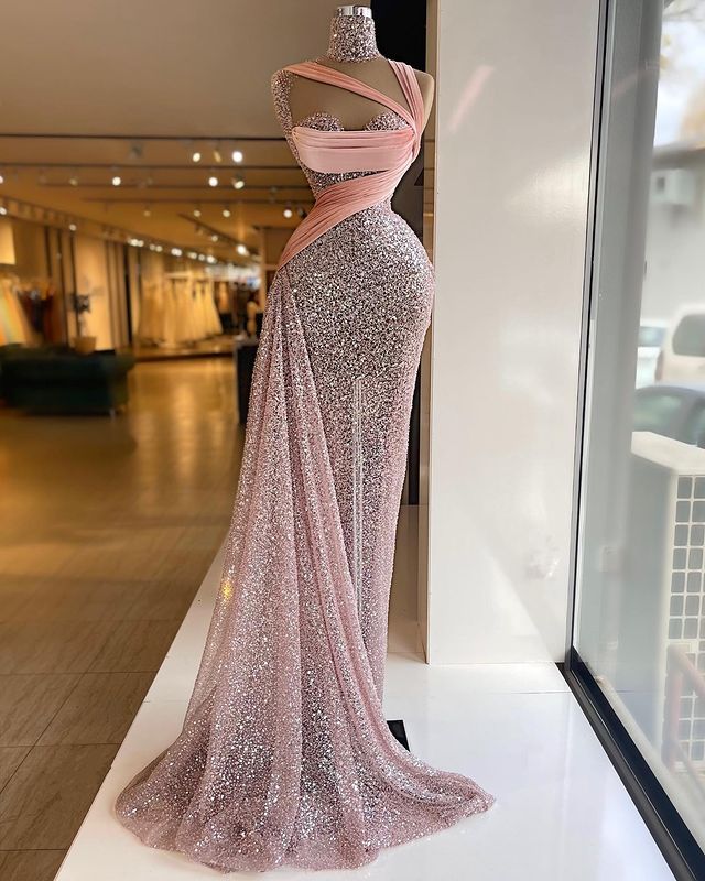 2022 Plus Size Arabic Aso Ebi Pink Stylish Sparkly Prom Dresses Beaded High Neck Sequined Evening Formal Party Second Reception Gowns Dress ZJ373