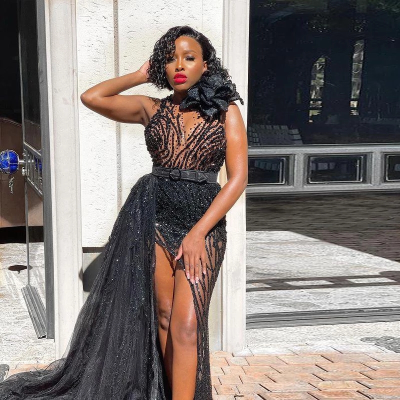 Sexy Black Prom Dresses 2024 | Side Split Jewel Neck Beading Evening Gown With Detachable Train 0219