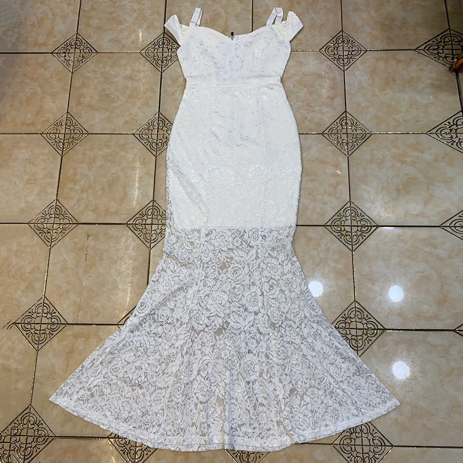 Summer Style Short-Sleeved Strapless Tight-Fitting White Lace Fishtail Long Ladies Strappy Sexy Party Dress Vestidos 210525