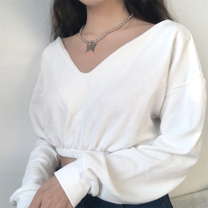 Autumn Winter Deep V-neck Solid Pullovers Cropped Tops Pure Color Sweatshirts Long Sleeve Loose Casual Streetwear 201203