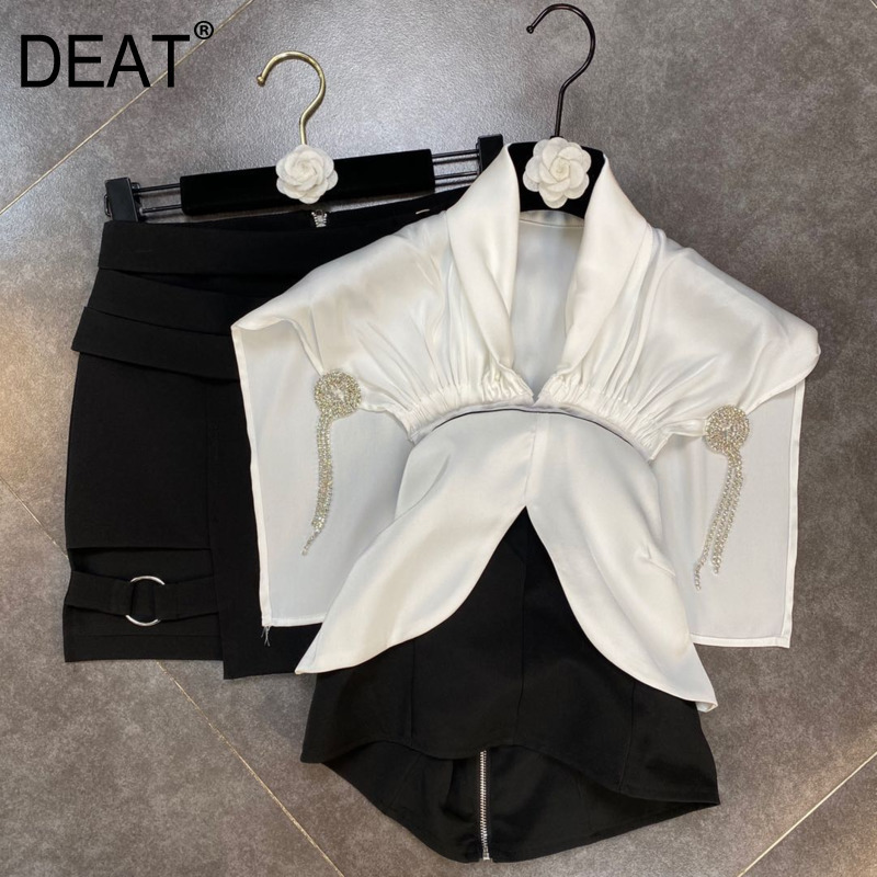 N Summer V Neck Flying Sleeve Diamonds Tassel Cloak Short Mini Cargo Skirt Belt Two Piece Set Women Outfits HR481 210525, White
N Summer V Neck Flying Sleeve Diamonds Tassel Cloak Short Mini Cargo Skirt Belt Two Piece Set Women Outfits HR481 210525, White