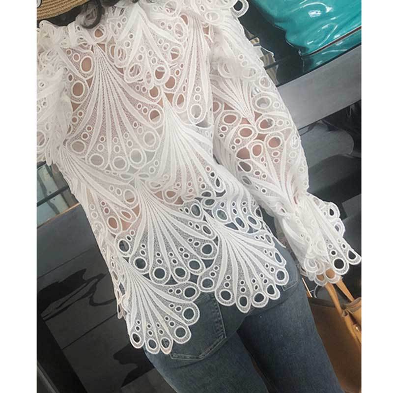 BOHO Inspired spring Vintage white blouse women long sleeve hollow out women blouses shirts chic ruffle sleeve boho blouse 210225