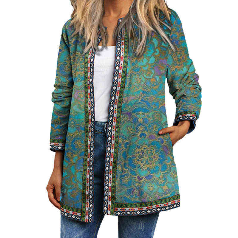 Autumn Winter Cardigan Women's Vintage Ethnic Floral Printed Long Sleeve Tunic Jackets Ladies Loose Outerwear Chic Top Coat 211117