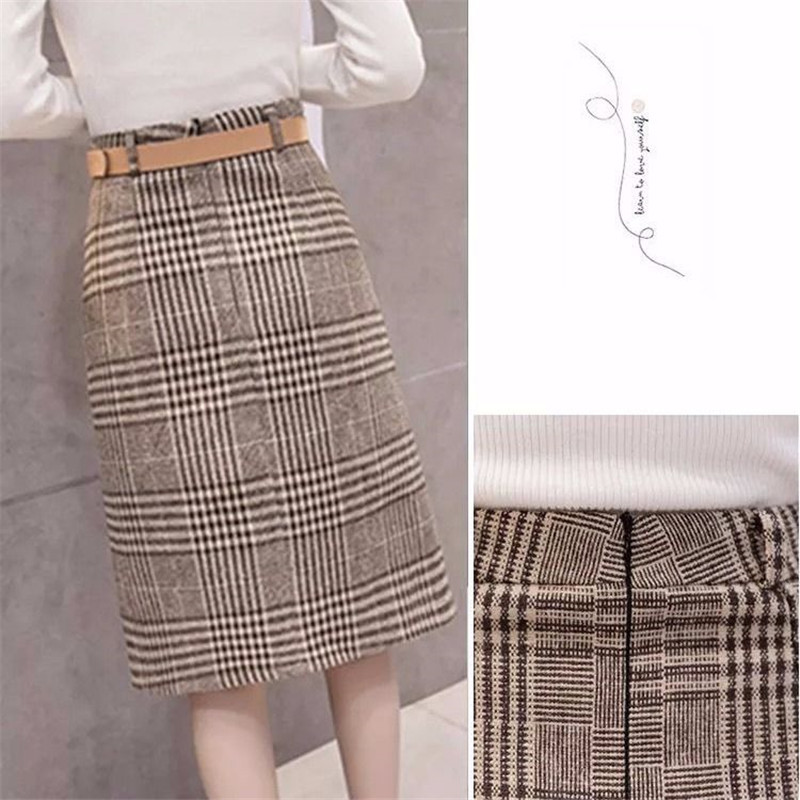 Women with belt sashes retro classic Tweed Plaid Skirt ladies sidesplit Hipswrapped Wool skirt Bodycon slim work office Skirt 210306