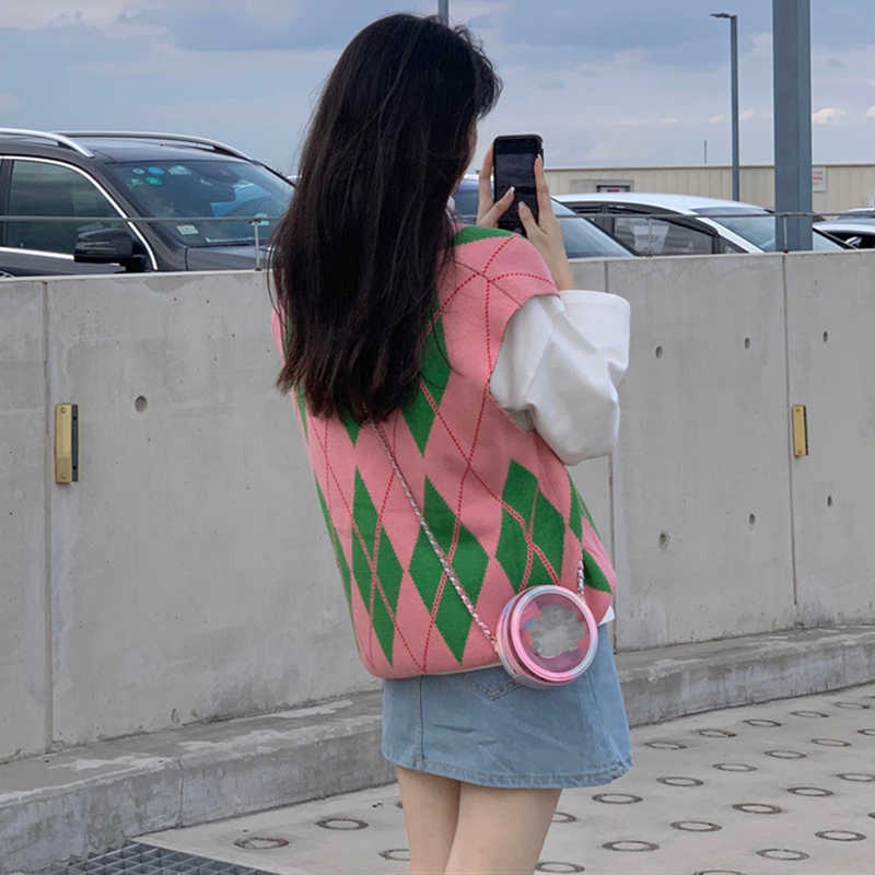 SURMIITRO Spring Autumn Loose Knitted Sweater Vest Women Pink Green Plaid Sleeveless Waistcoat Female Korean Style Tops 210712 - view 4