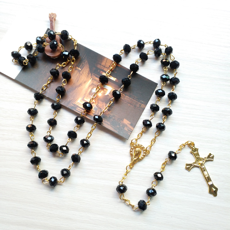 Black Crystal Rosary Necklace Long Gold Jesus Cross Pendant Catholic Religious Prayer Jewelry