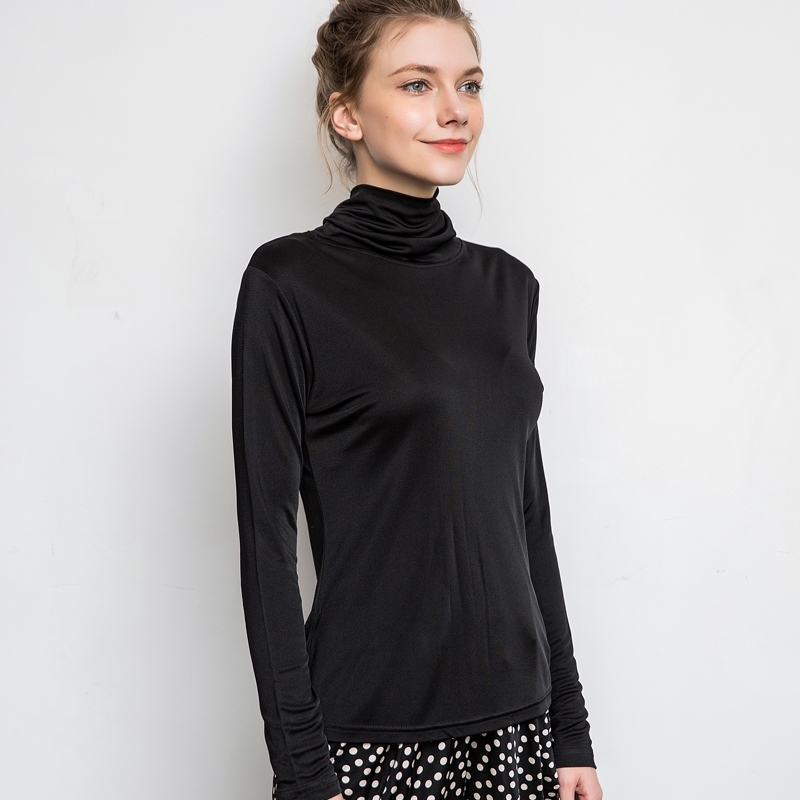 SuyaDream Women T shirt Real Silk Basic Turtleneck Long sleeve Solid Bottoming-shirt FALL WINTER Green Plus size Spandex top 210309
