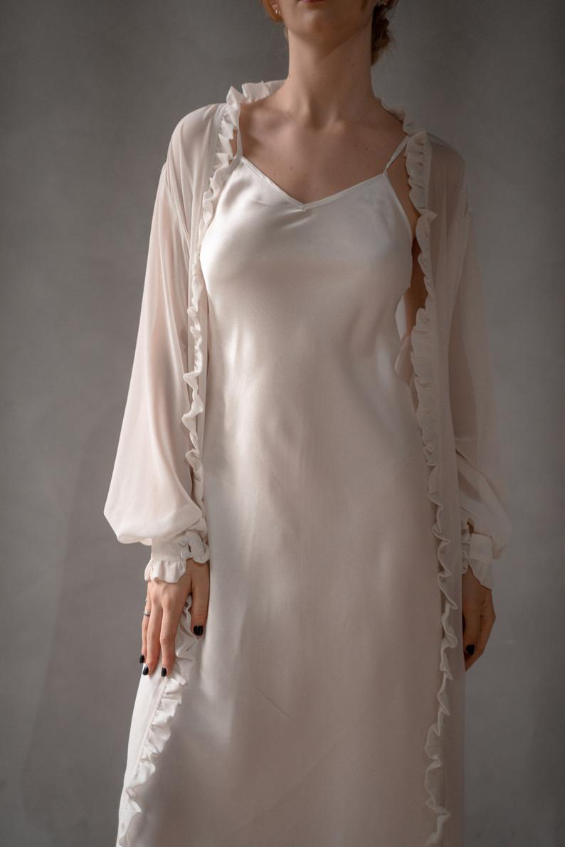2 Pcs Bridal Sleepwear Photography Props Spaghetti Straps Undergarment Women Ruffle Long Sleeve Robes Women Nightgowns Custom Made