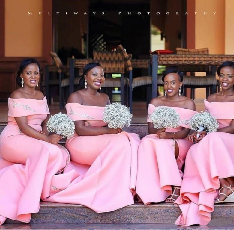 Cheap Nigerian African Arabic Pink Mermaid Bridesmaid Dresses Off Shoulder Floor Length Maid of Honor Gowns Split Evening Dresses Plus Size