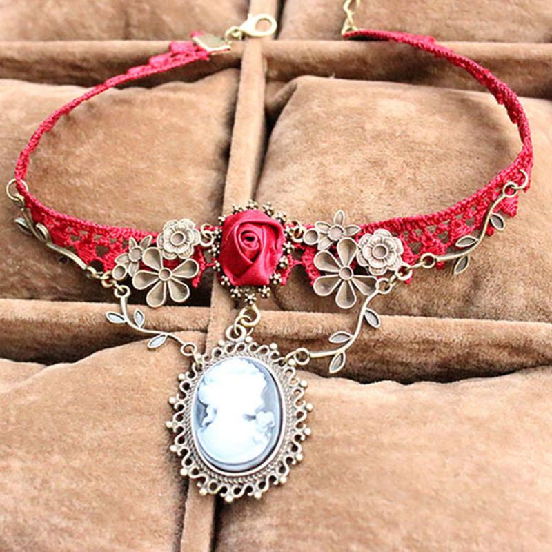 Pendant Necklaces Women039s Water Choker Necklace Stylish Cameo Red Rose Lace Fashion Jewelry Women Gift Xmas