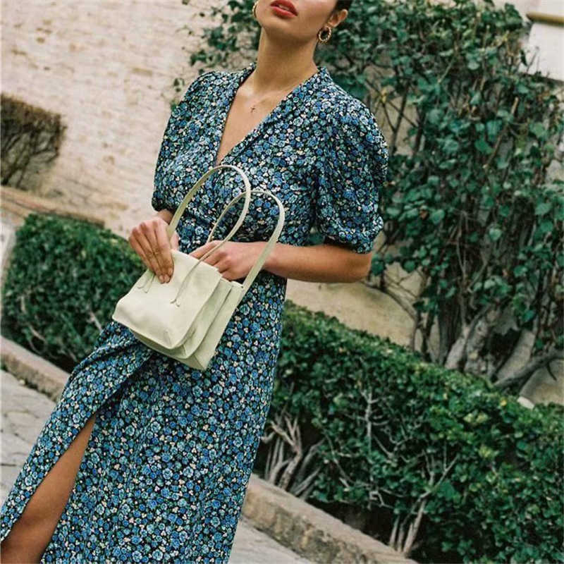 Elegant Women V-Neck Floral Print Dress Fashion Ladies Puff Sleeve Vintage Female Chic Asymmetric es 210527