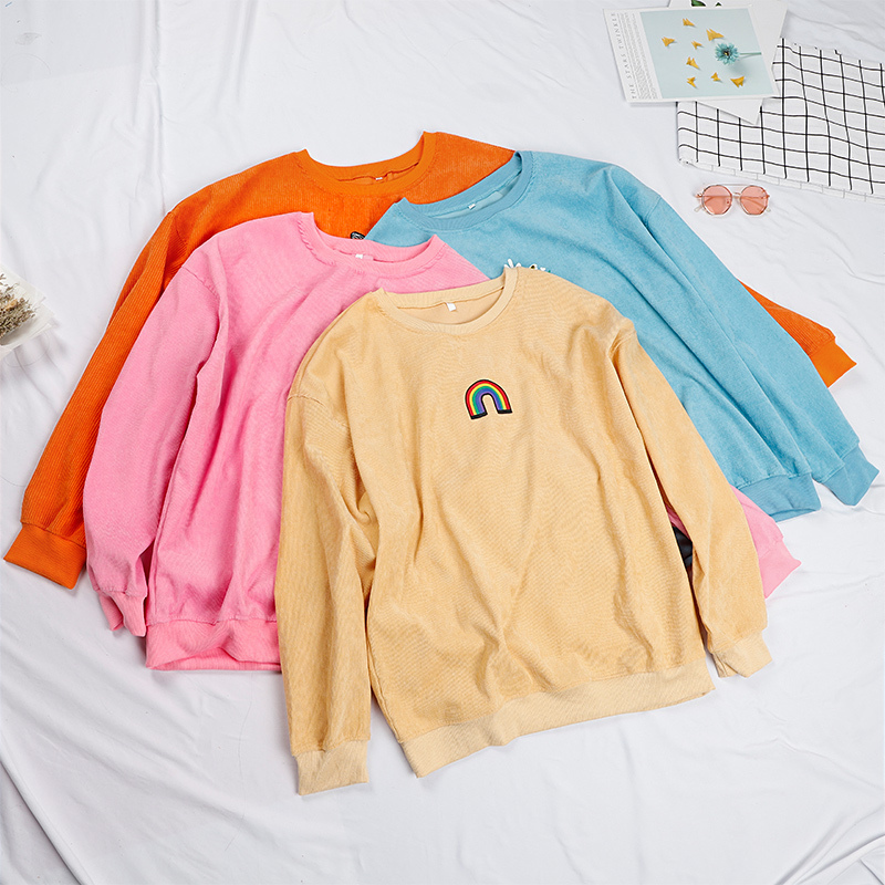 Autumn Printed Long Sleeve Sweatshirt Women Ribbed O-Neck Candy Colors Female Basic Sweatshirts Vintage Loose Lady Pullover LJ201103