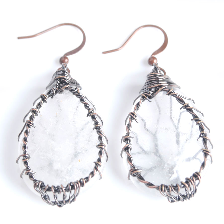 WOJIAER Tribal Copper Dangle Earrings Water Drop Tree of Life Wire Wrap Earring For Natural Stone Jewelry BV910