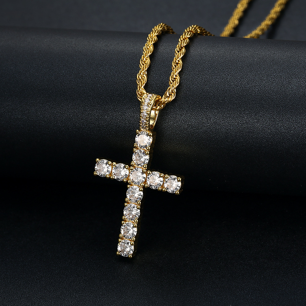Hip Hop Stainless Steel Cross Pendant Necklace Bling White Zircon 18K Gold Plated Religious Jewelry Men Women Gift
